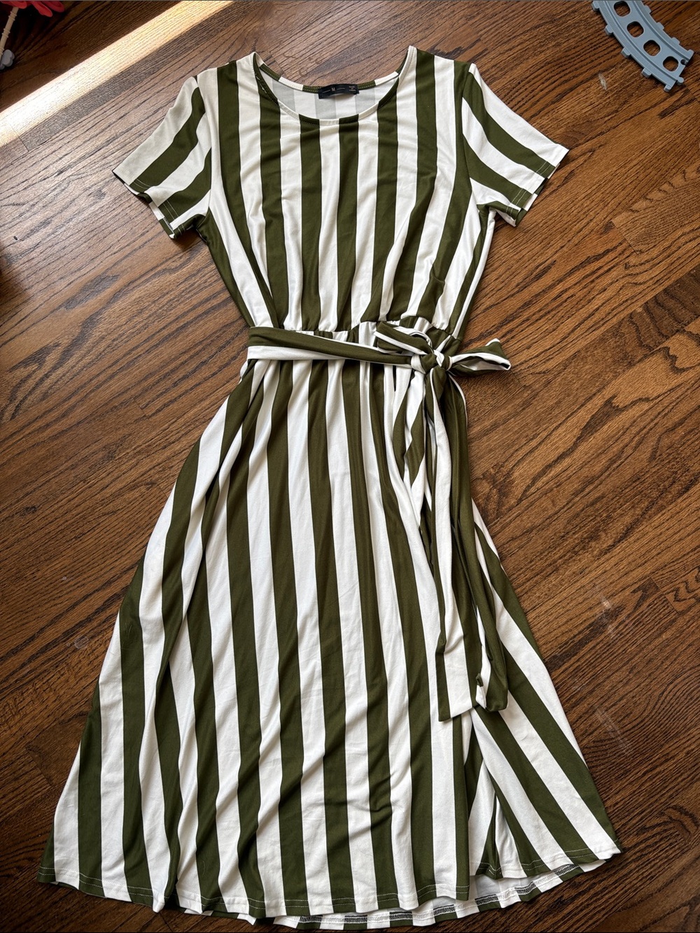 Olive & White Striped Tie-Waist Midi Dress